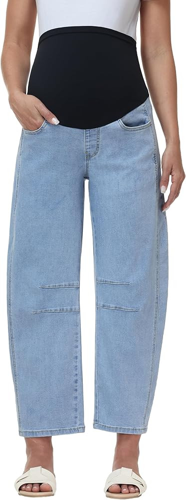 Women's Maternity Barrel Jeans Over Belly Wide Leg Baggy Jeans Stretch Loose Pregnancy Denim Pant... | Amazon (US)