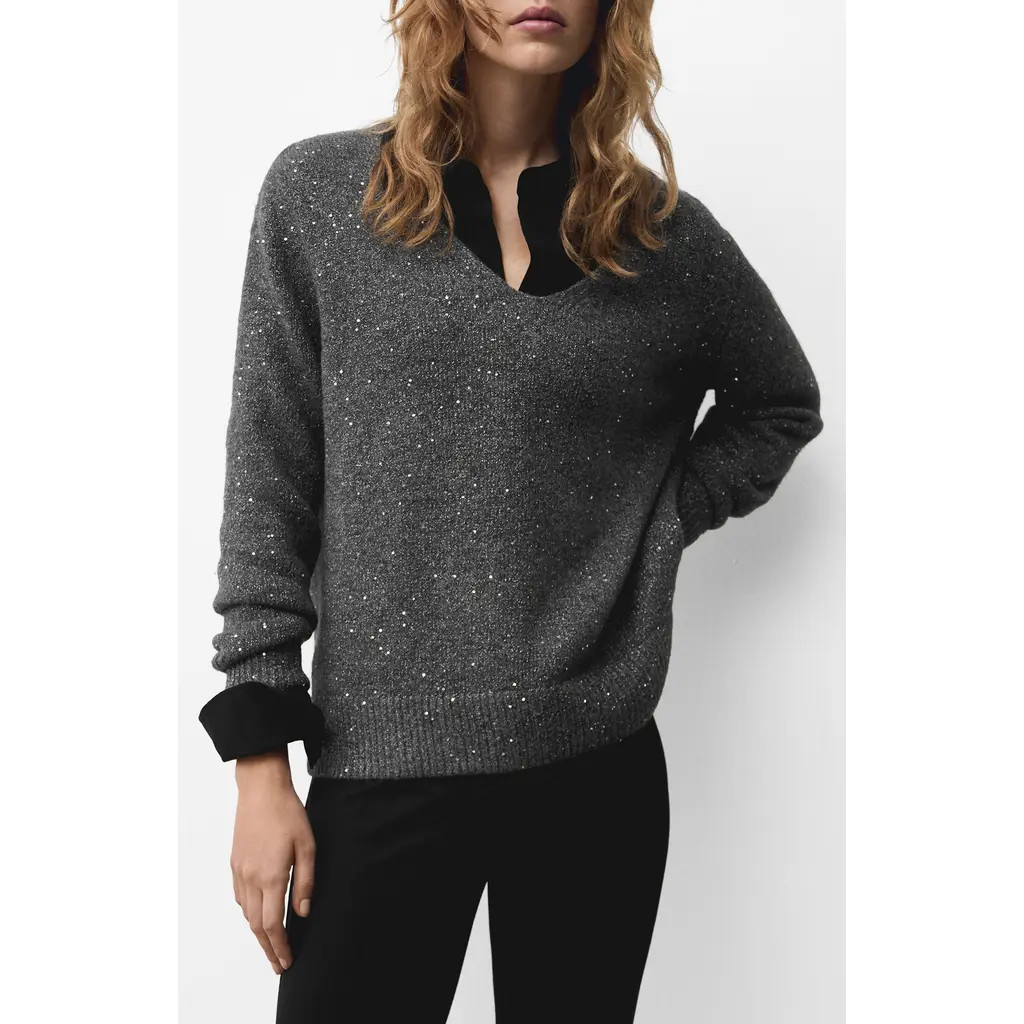 MANGO Sequin V-Neck Sweater in Charcoal at Nordstrom Rack, Size Medium | Nordstrom Rack