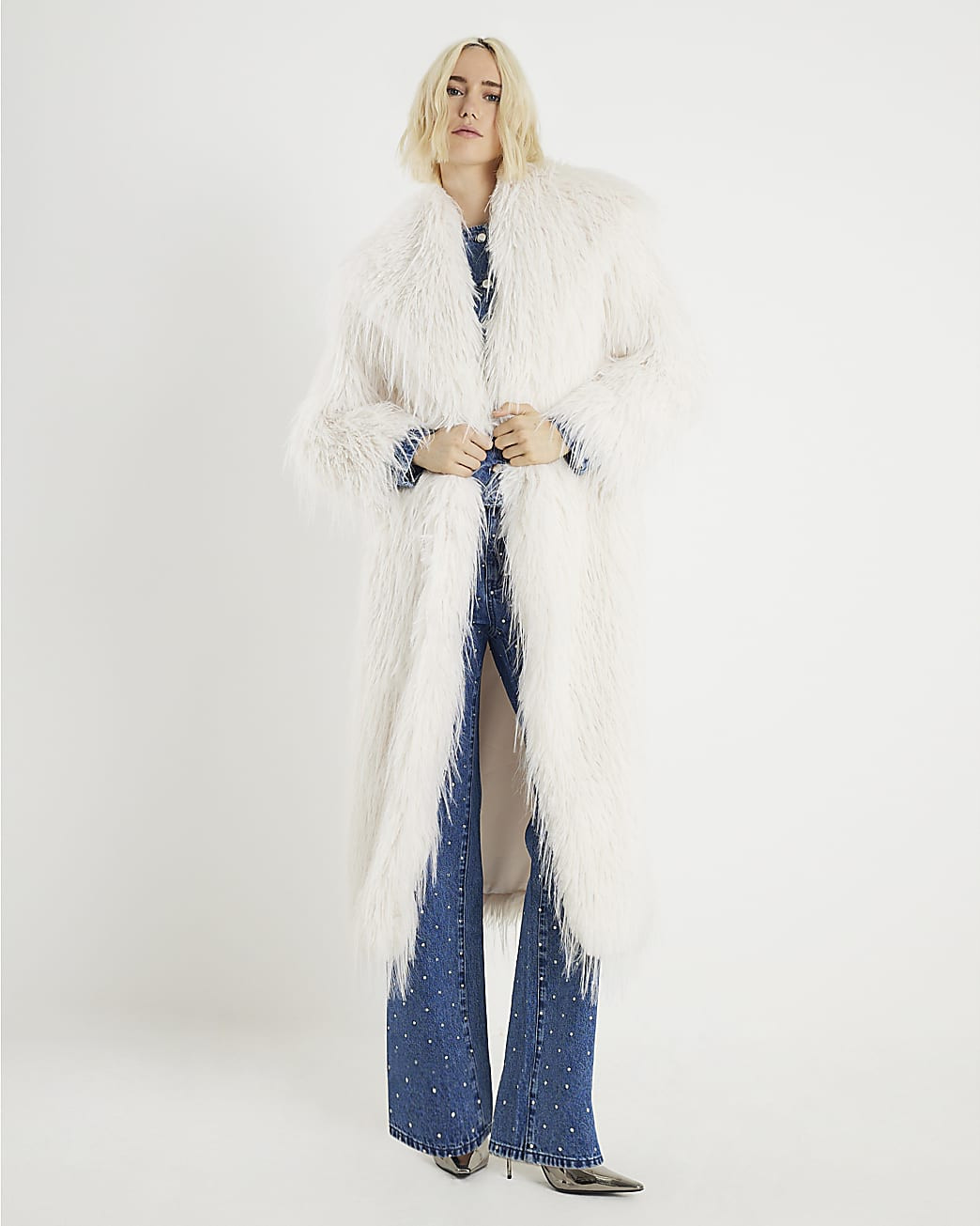Cream Faux Shaggy Fur Maxi Coat | River Island UK & IE