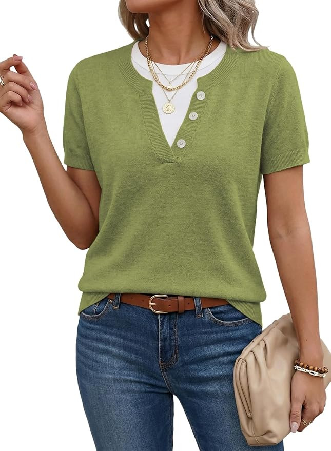 SHEWIN Womens Sweaters Short Sleeve Color Block Tops Lightweight Summer Spring Shirts Business Ca... | Amazon (US)
