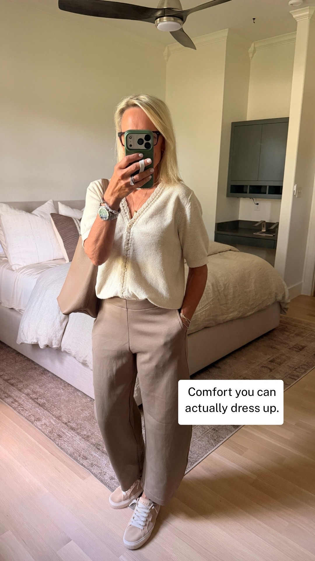 An easy formula for polished casual: comfortable ponte pants, a lightweight neutral sweater, and sneakers. I love how the soft, tonal colors keep this outfit looking pulled together while still feeling comfortable enough for a full day out.

Add a simple tote and you’re ready for coffee, lunch, travel, or errands. 
I linked several bag options that fits with the outfit.

#LTKootd #LTKgrwm #LTKOver40