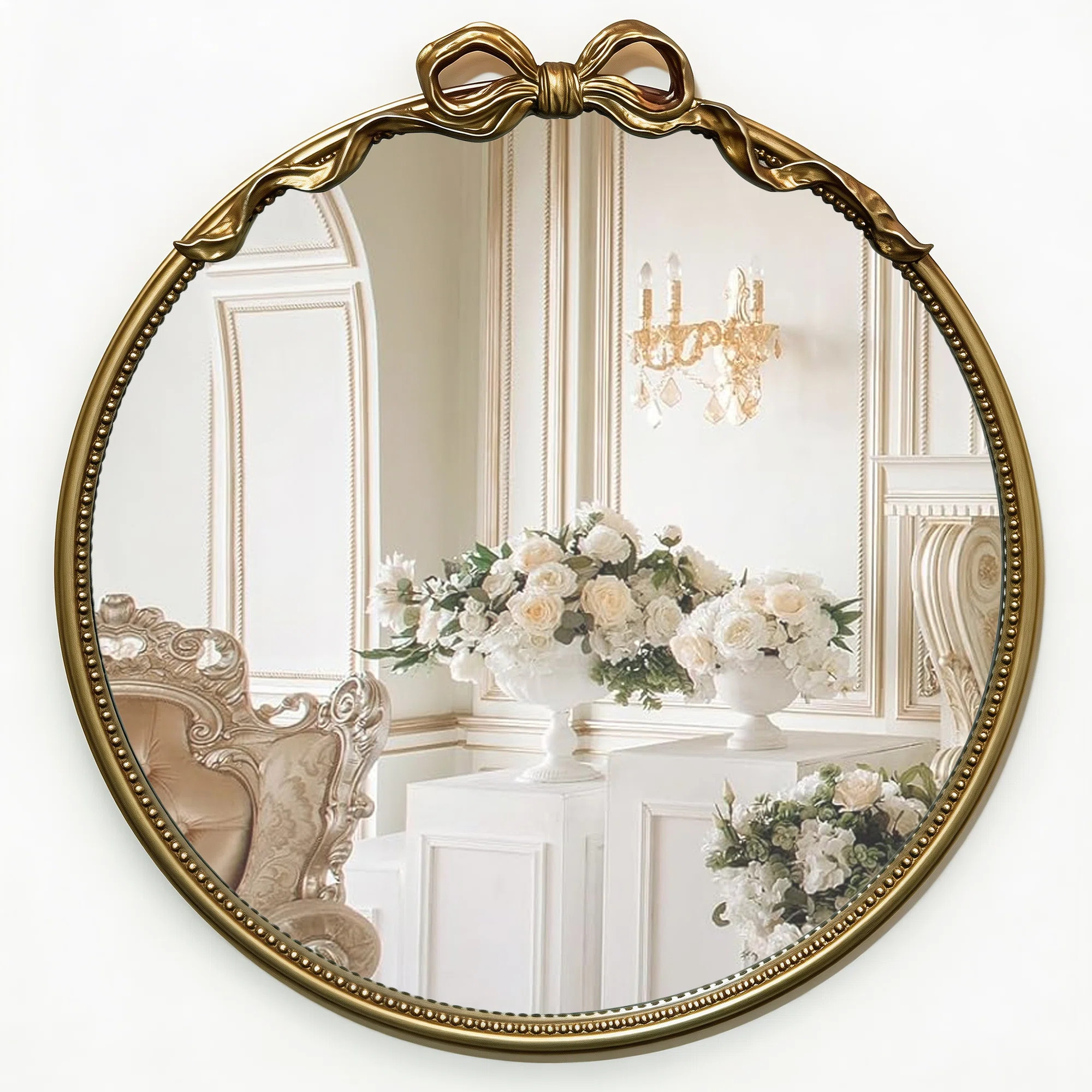 Antique Gold Round Wall Mirror with Bow Vintage Decorative Mirror for Bedroom | Wayfair North America