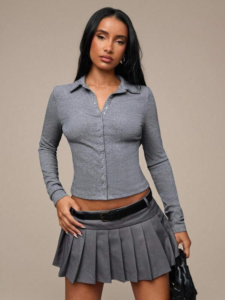 Grey pleated Skirt With Black Belt  | SHEIN