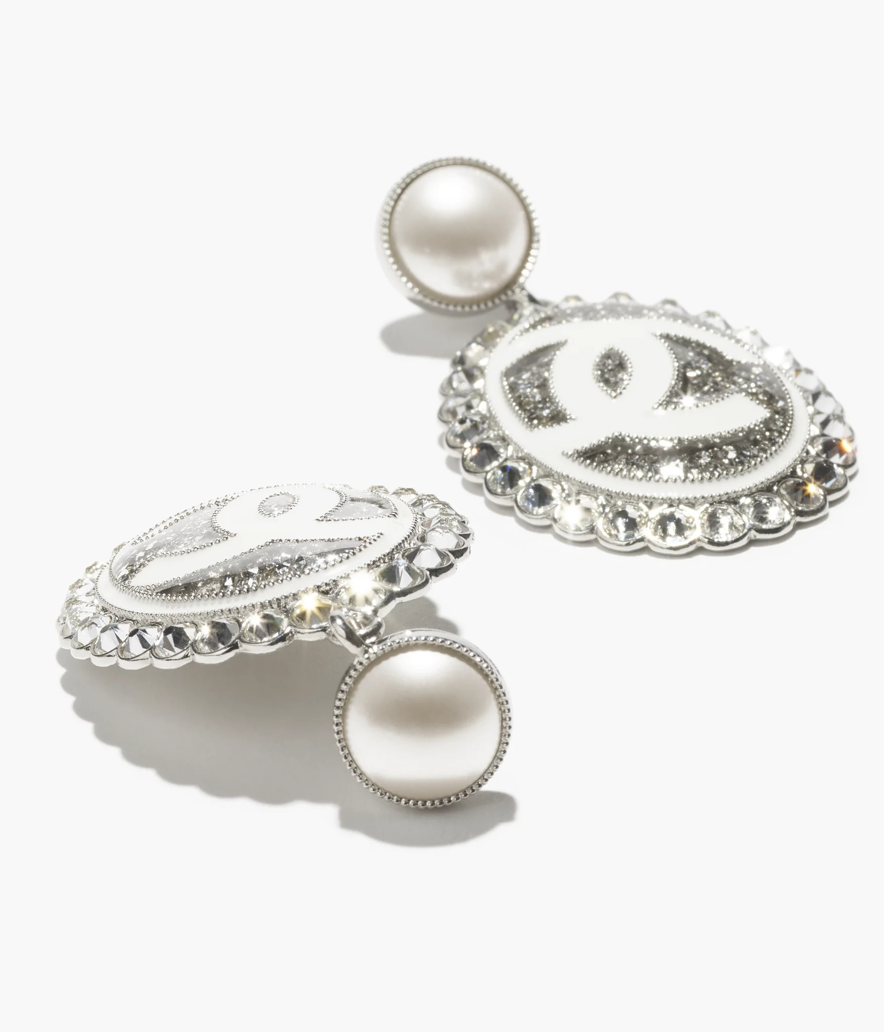 Pendant earrings - Metal, resin & strass, silver, transparent, white, pearly white & crystal — ... | Chanel, Inc. (US)
