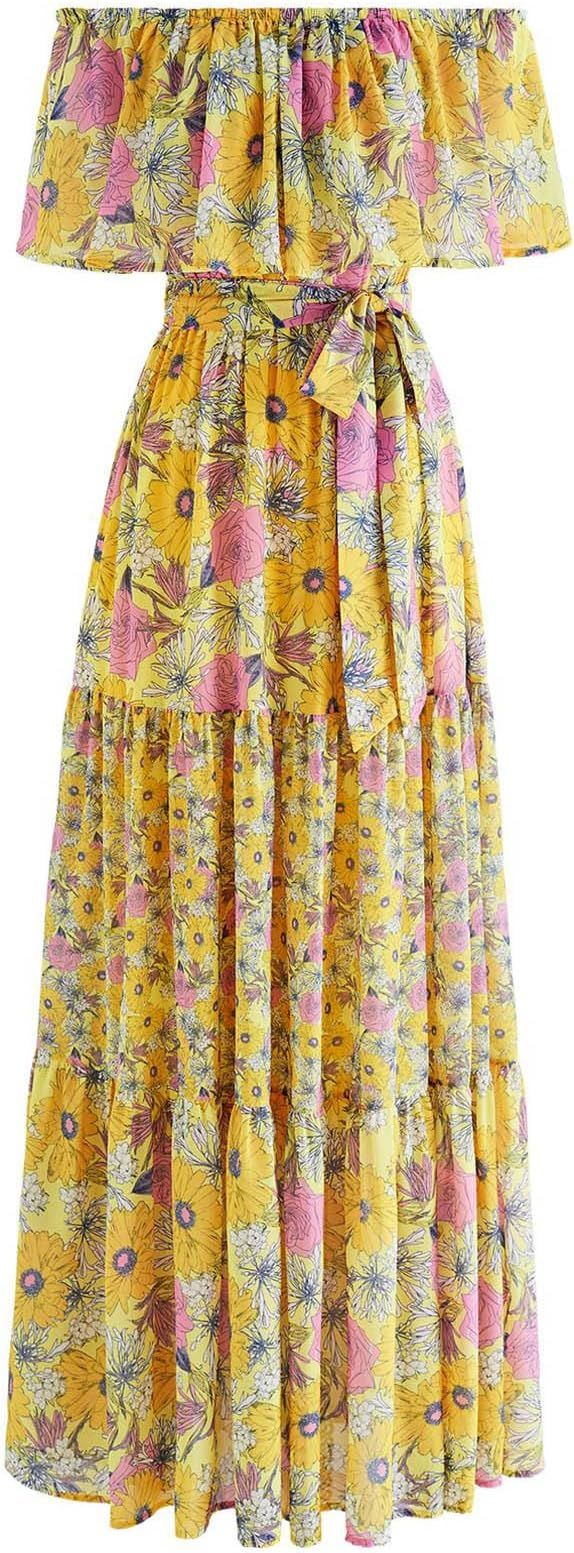 CHICWISH Women Off-Shoulder Maxi Dress Flower Printed Ruffle High Waist Chiffon Dress Yellow Flow... | Amazon (US)