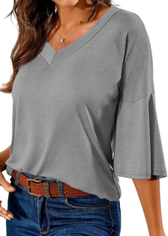 Danedvi Women Fashion V-Neck Bell Half Sleeves T Shirt Solid Color Casual Loose Summer Basic Tops | Amazon (US)