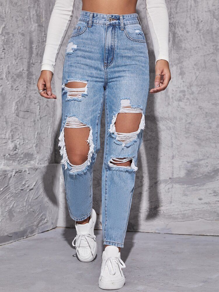 High Waist Straight Leg Ripped Jeans | SHEIN
