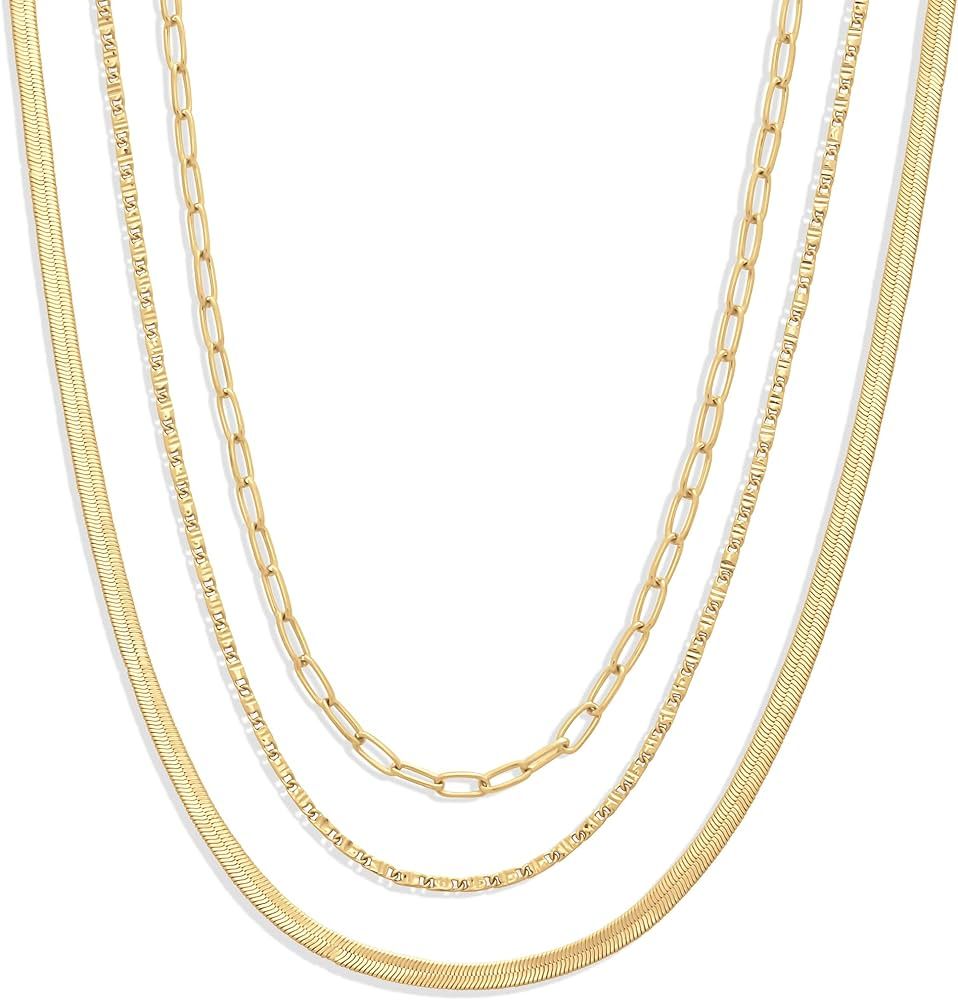 Amazon Essentials 14K Paperclip, Station and Herringbone Chain 3 Row Layered Necklace 16" 18" 20" | Amazon (US)