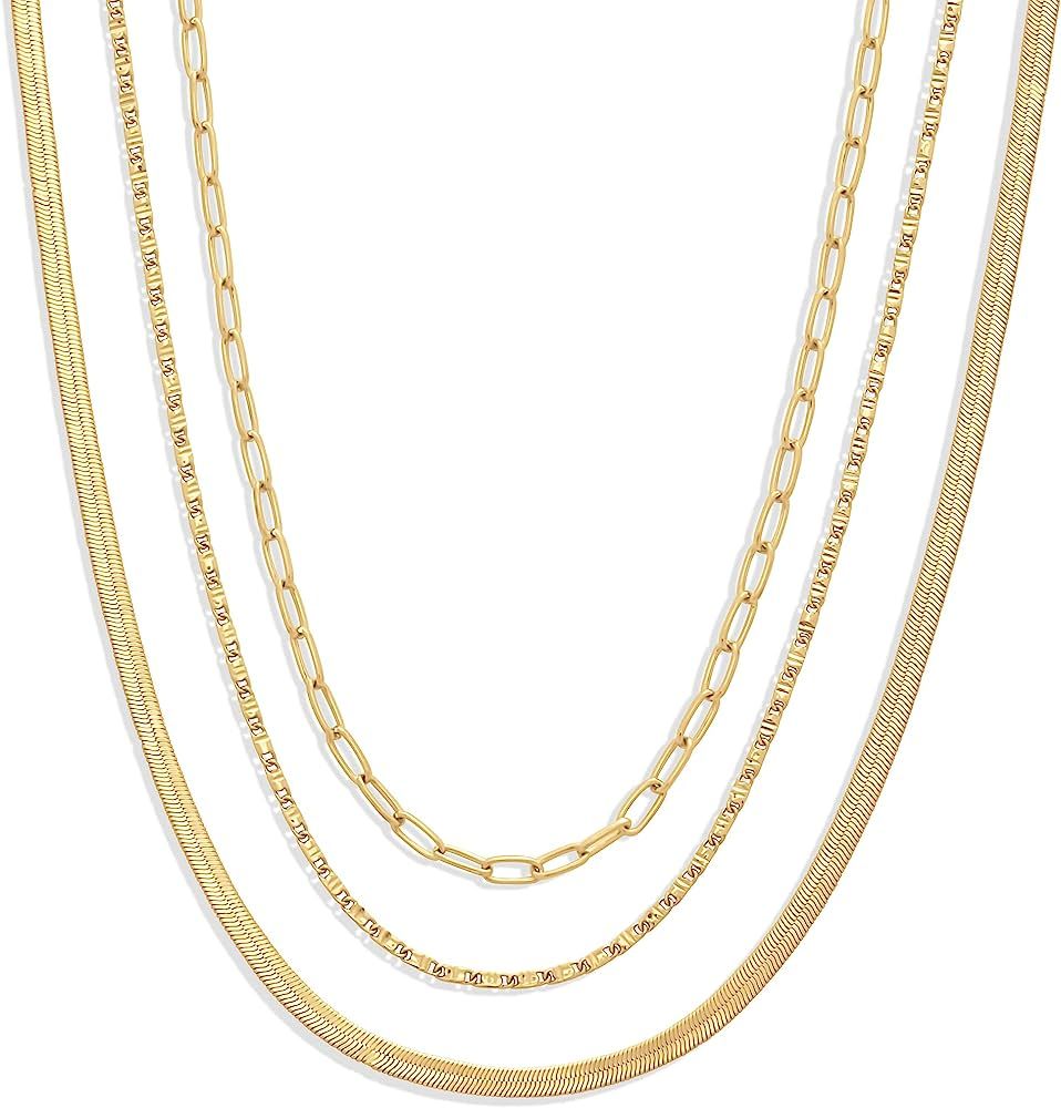 Amazon Essentials 14K Paperclip, Station and Herringbone Chain 3 Row Layered Necklace 16" 18" 20" | Amazon (US)