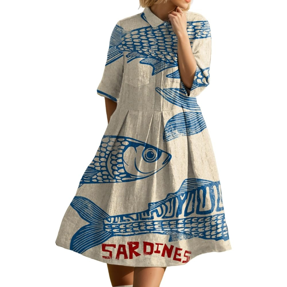 Boho Floral Dress for Women Summer Elegant Casual Smocked Button Lapel Short Sleeve Knee Length C... | Amazon (US)