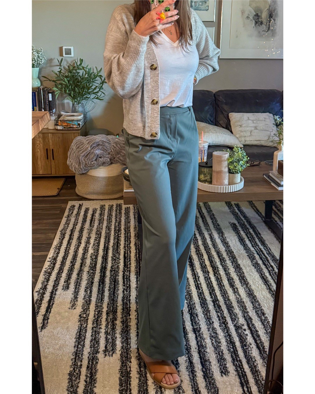 Effortless layers with a soft neutral cardigan + flowy sage trousers = the comfy polished look I keep reaching for. 

Whether I’m working from home or stepping out for errands, this outfit delivers style and stretch. 

Everything’s linked on my LTK!