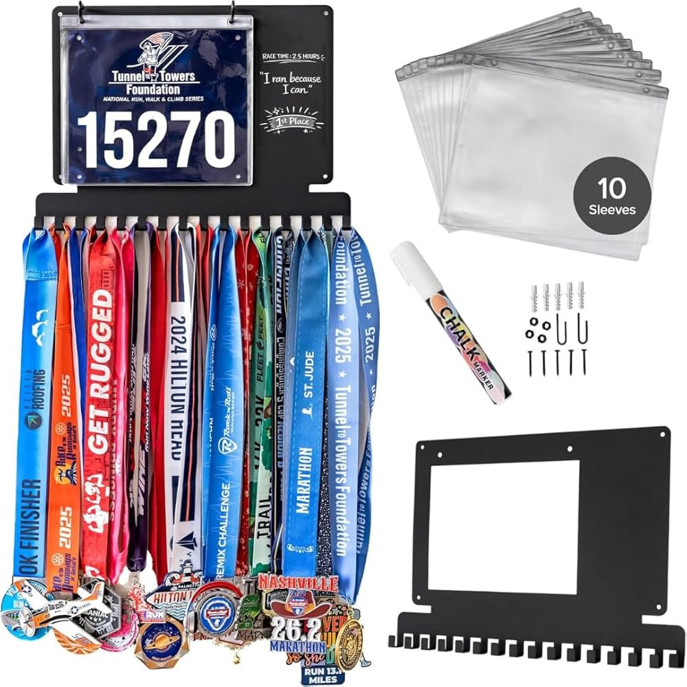 Medal Hanger Display with Bib Holder – Premium 2mm Steel Medal Holder with Individual Hooks, Cu... | Amazon (US)