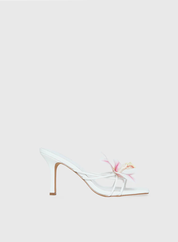Exotic Etty Floral Detail Heels White | Princess Polly US