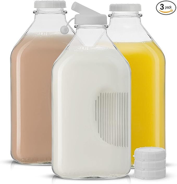 Glass Milk Bottle with Lid AND Pourer Multi-Pack. 64 Oz Reusable Glass Bottles with 6 Lids! Glass... | Amazon (US)