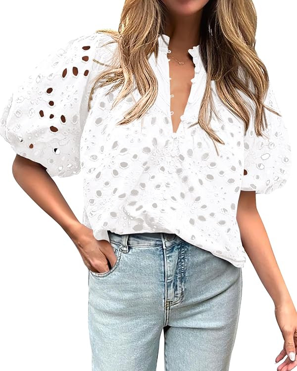 BTFBM Women's Casual Summer Blouse Tops Hollow Out Eyelet Embroidery V Neck Buttons Puff Short Sl... | Amazon (US)