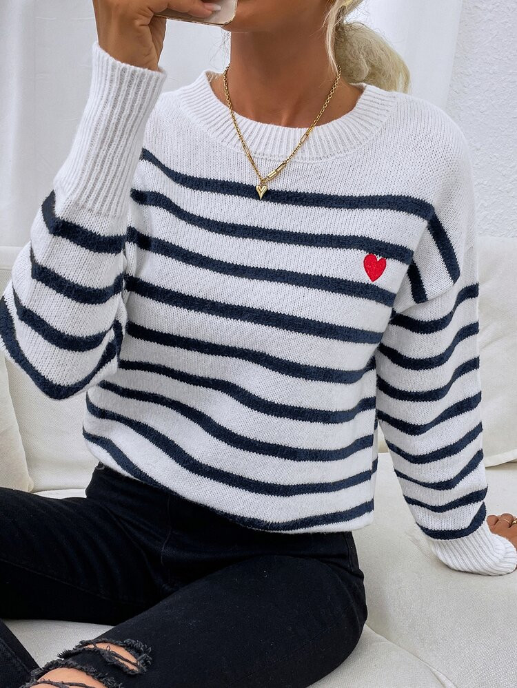 SHEIN Frenchy Heart & Striped Pattern Sweater | SHEIN