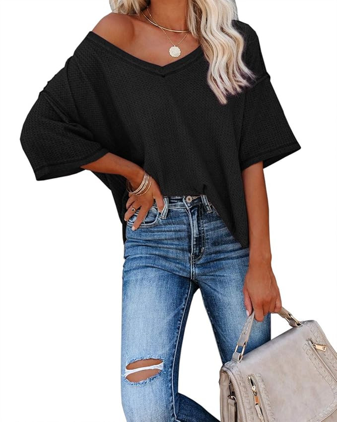 Albe Rita Women Half Sleeve V Neck Shirt Batwing Sleeve Blouse Loose Tops | Amazon (US)