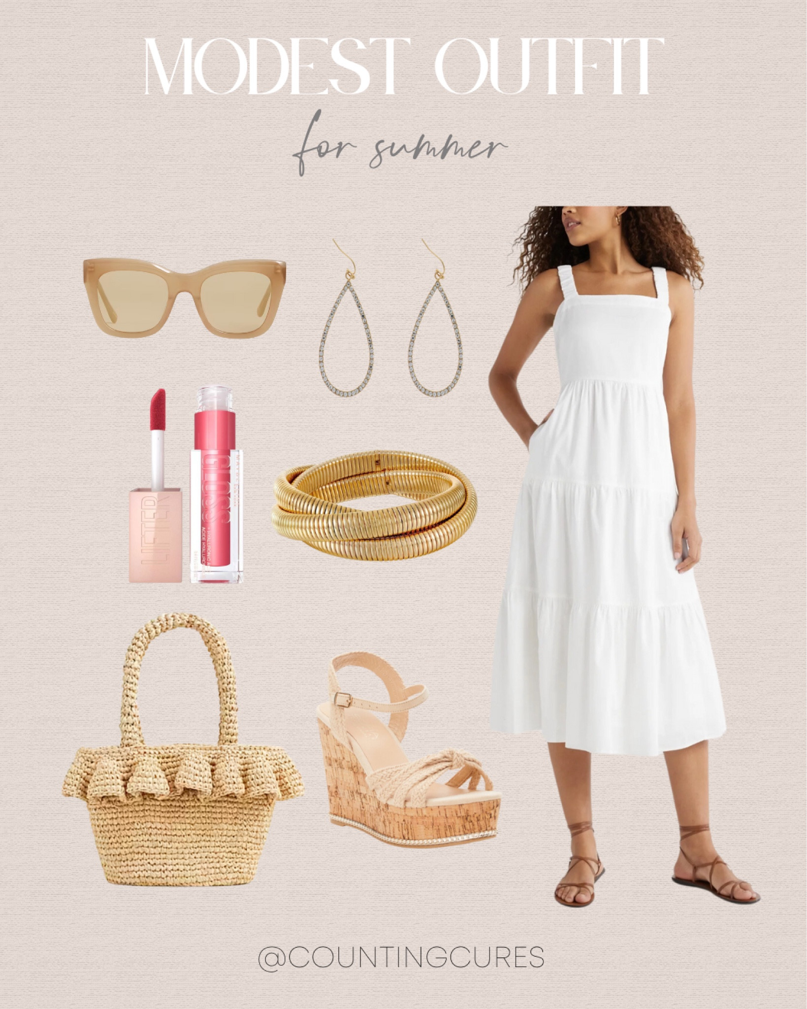 You can never go wrong by wearing this white shirred midi diress for a modest summer outfit! Don't forget to add these dainty gold accessories, raffia ruffle hem bag, and strappy wedge sandals to complete the look.
#fashionfinds #classicstyle #summerlooks #comfyclothes

#LTKShoeCrush #LTKStyleTip #LTKSeasonal