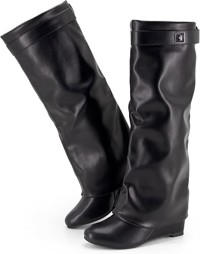 Fold Over Boots for Women Knee High Shark Boots Wedge Heel Flat Shoes | Amazon (US)