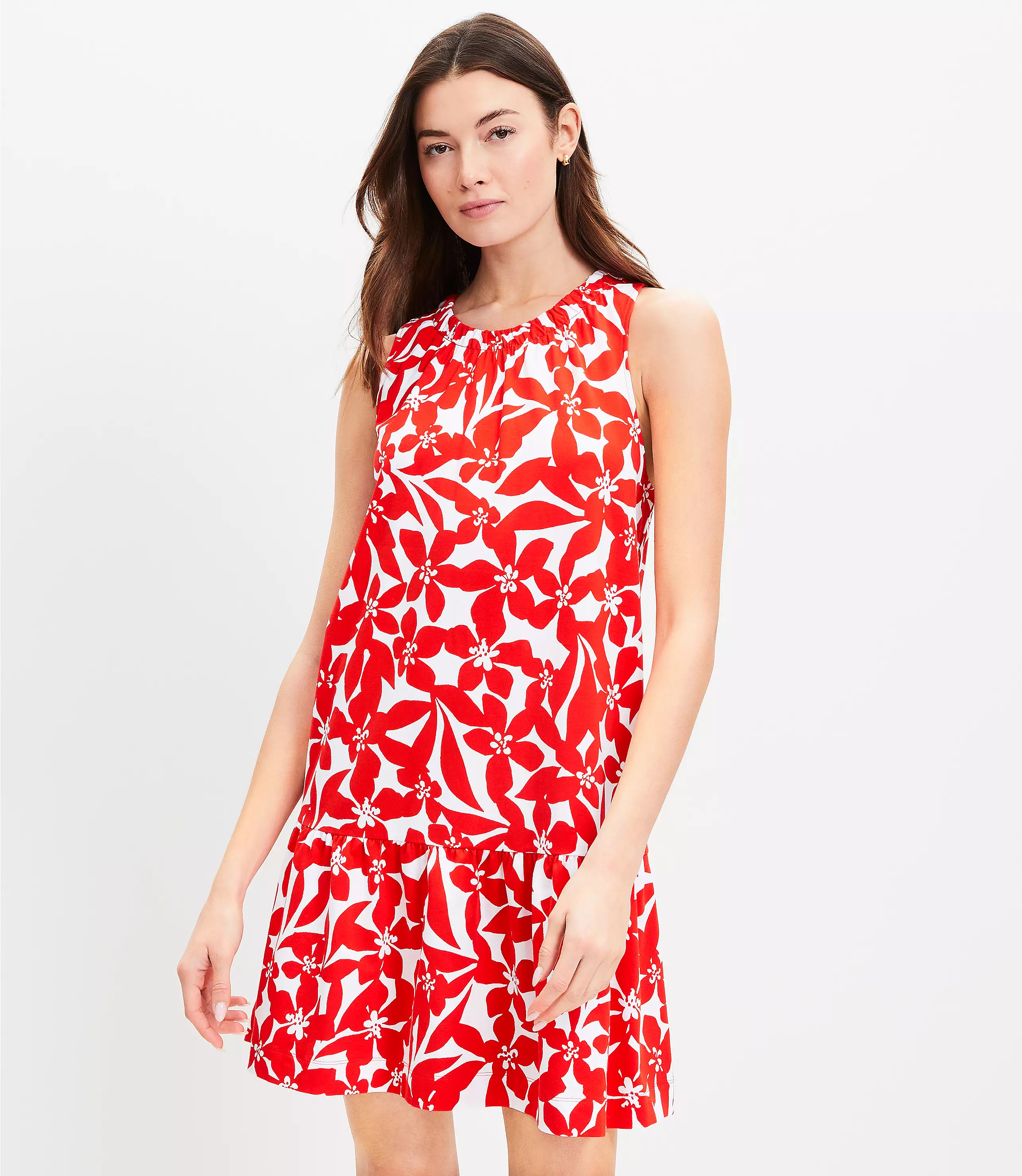 Petite Plumeria Ruched Flounce Swing Dress | LOFT