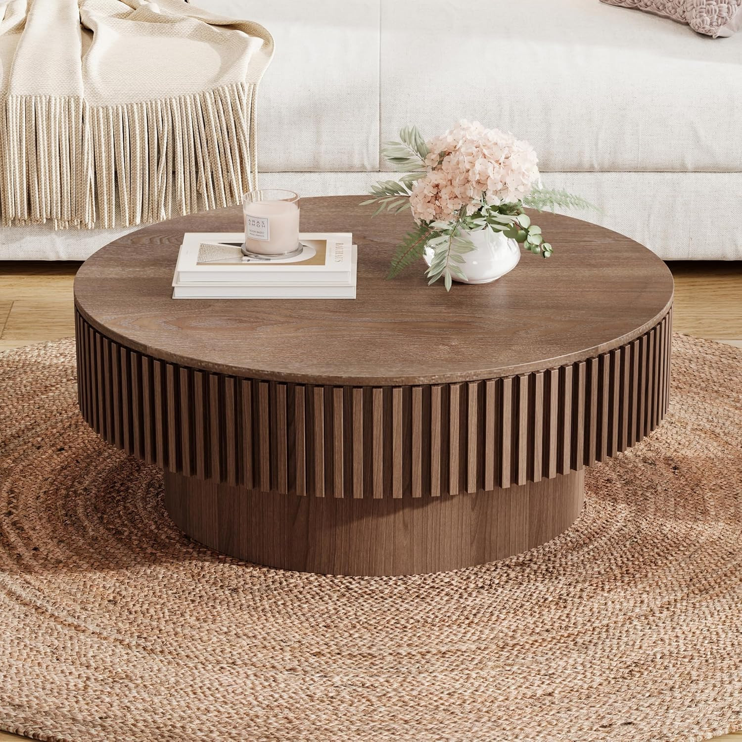 31.5'' Round Coffee Table with Storage, Solid Wood Veneered Modern Coffee Table Accent Tea Table ... | Amazon (US)