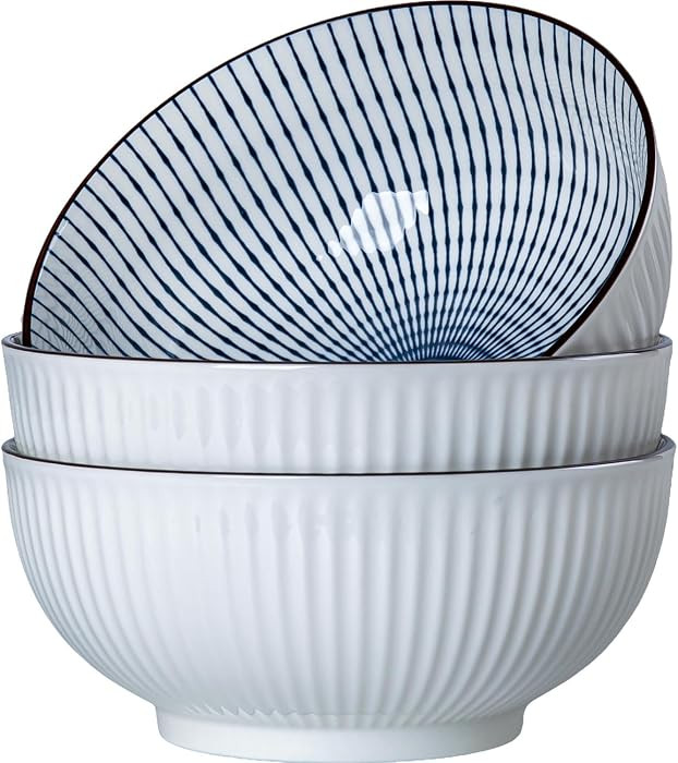 60 oz Large Soup Bowls, Pho Bowls, 8 Inch Blue and White Ceramic Japanese Ramen Bowls Set of 3 - ... | Amazon (US)