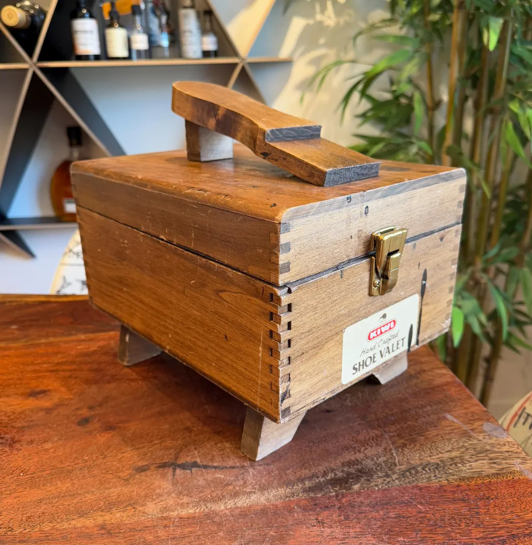 Mid Century 1960's KIWI Genuine Oak Wood Shoe Server Box Joint Shoe Shine Kit Box With Shoe Rest ... | Etsy (US)