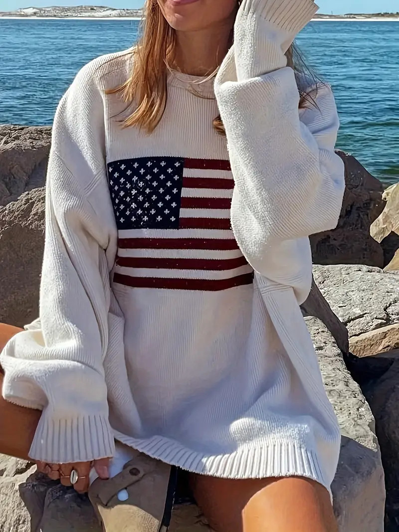 Flag Pattern Ribbed Trim Sweater Casual Crew Neck Long - Temu | Temu Affiliate Program