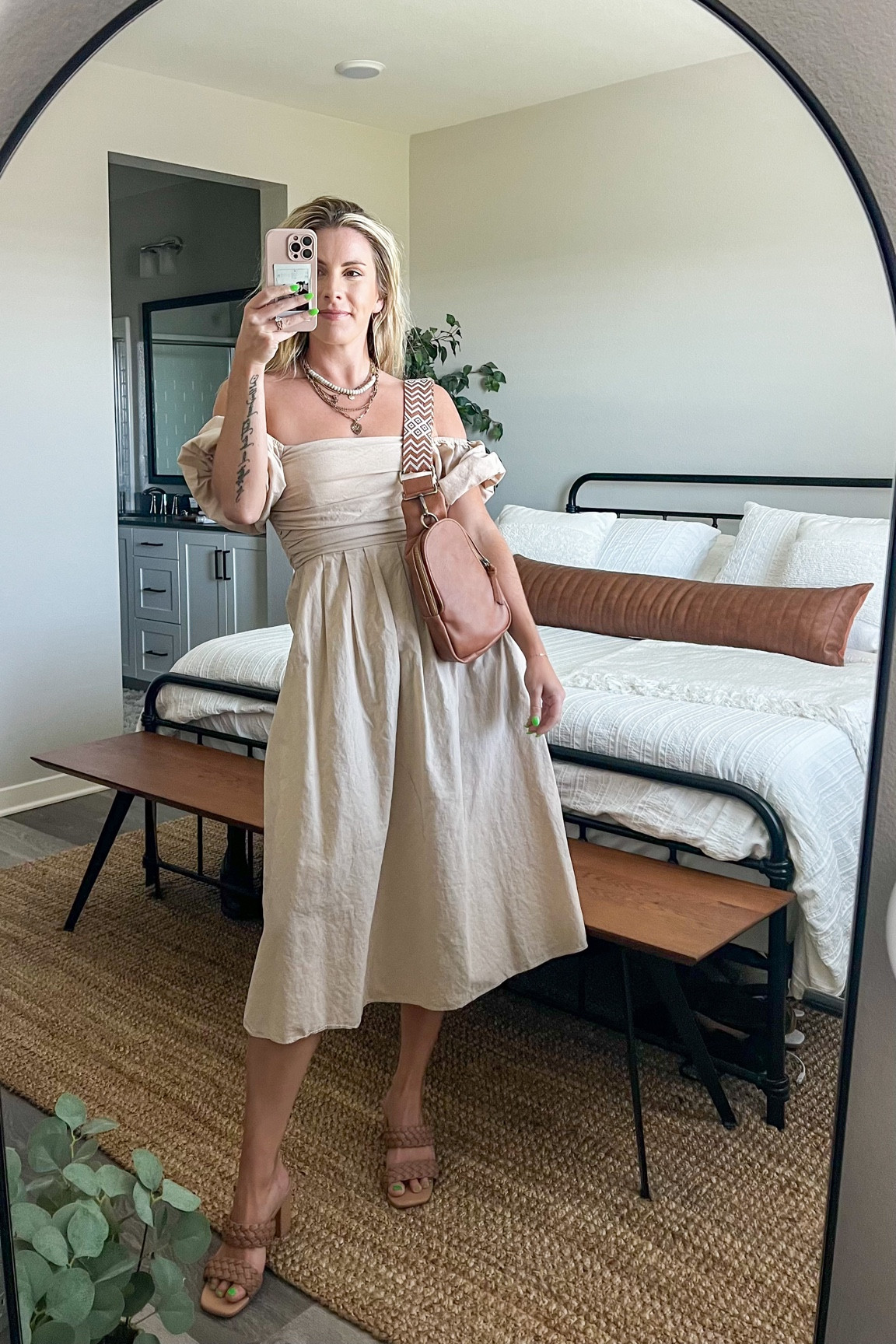 knee length dresses for ladies Smocked Beige Linen Dress M main image 0