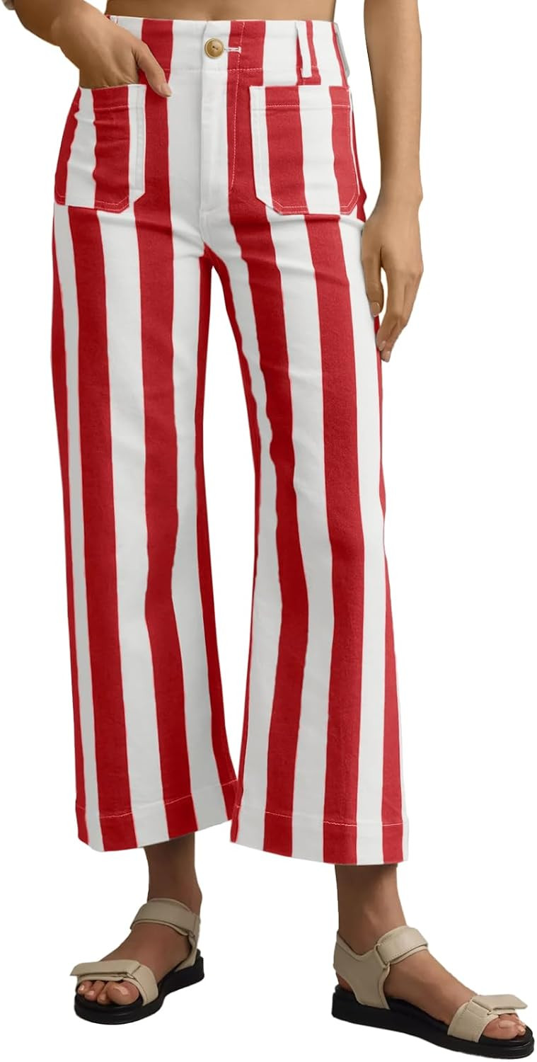 Tankaneo Womens Cropped Striped Jeans High Waisted Wide Leg Denim Pants | Amazon (US)