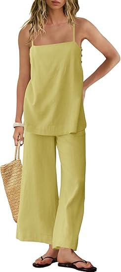 Panadila 2 Piece Linen Set Summer Travel Beach Vacation Outfit Sexy Spaghetti Strap Tank Top and ... | Amazon (US)