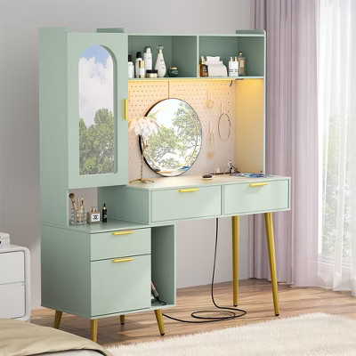 Besiost Green Makeup Vanity with Hutch, LED Lighted Mirror & Charging Station | Target