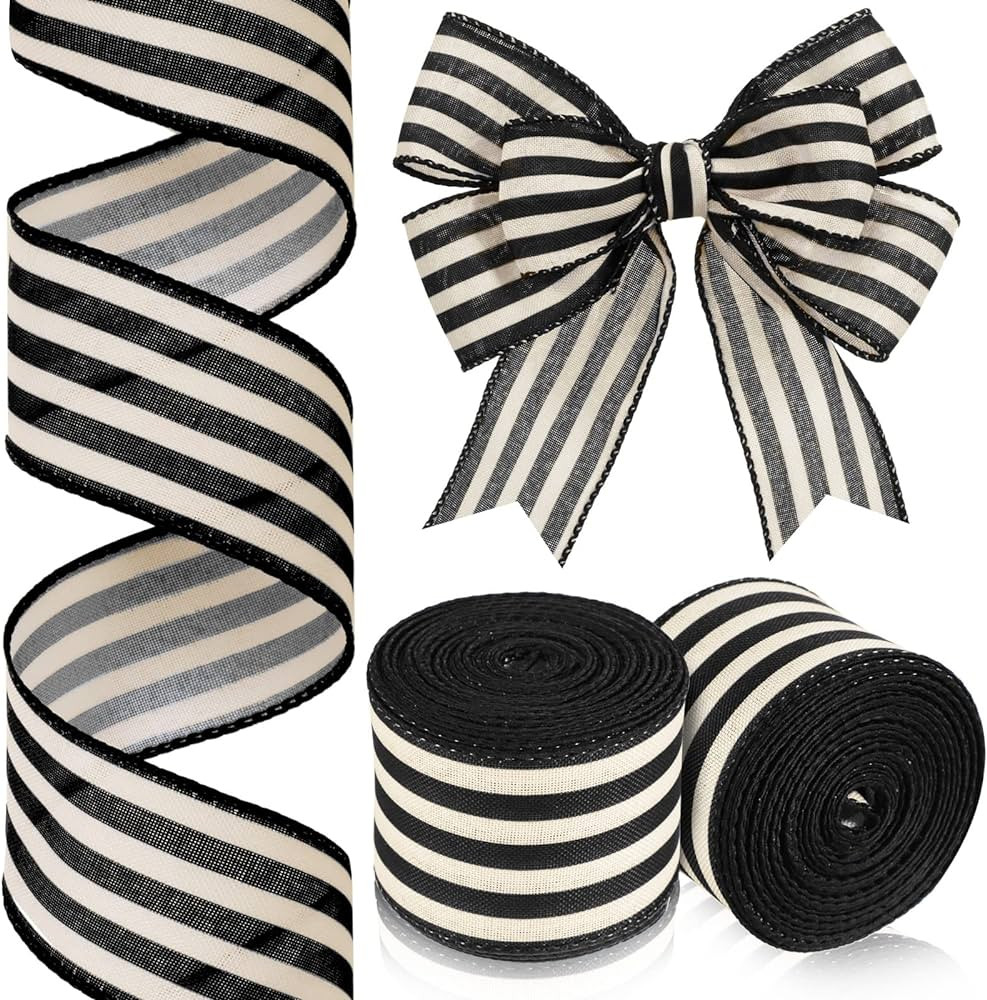 Moukeren 2 Rolls Black and Cream White Stripe Wired Edge Ribbon Christmas Rustic Ivory Ribbon Boh... | Amazon (US)
