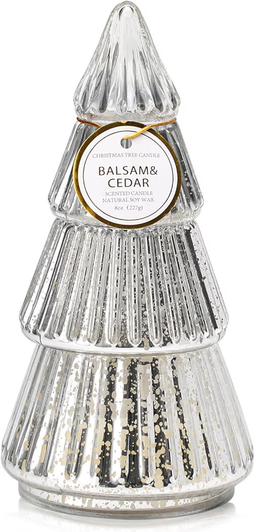 Christmas Tree Shaped Scented Candle Gift, Balsam Cedar Scented Candle, Holiday Winter White Silver Mercury Glass Tree Candle, 8oz | Amazon (US)