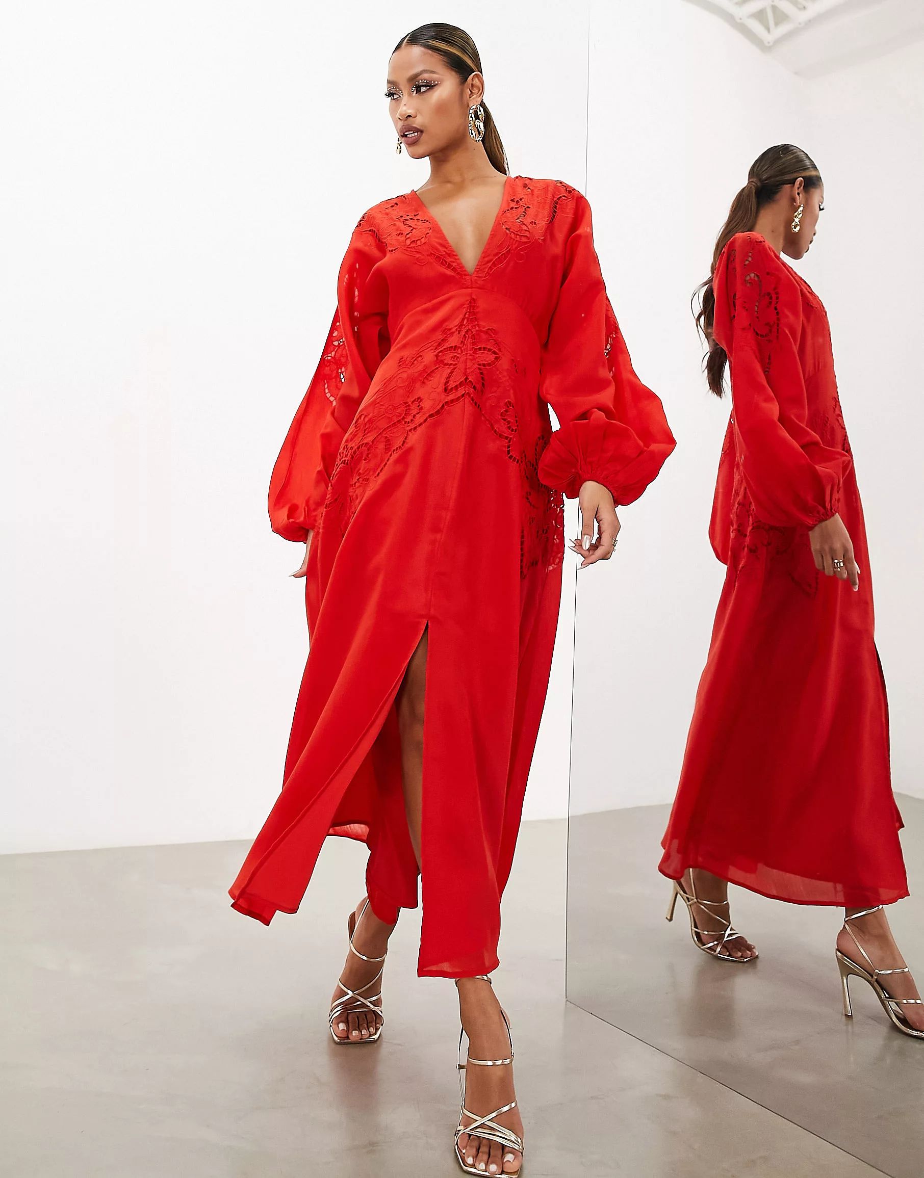ASOS EDITION waisted plunge midi dress with cutwork in tomato red | ASOS (Global)