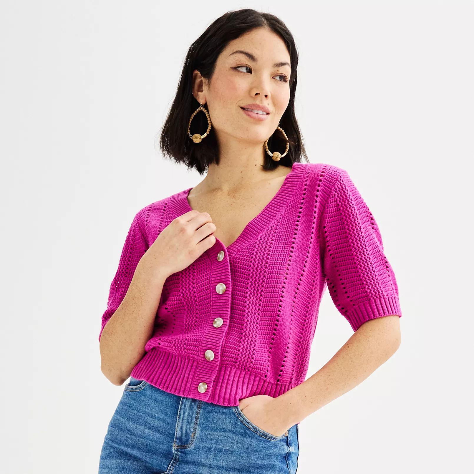 Women's Sonoma Goods For Life® Short Sleeve Crochet V-Neck Cardigan | Kohl's