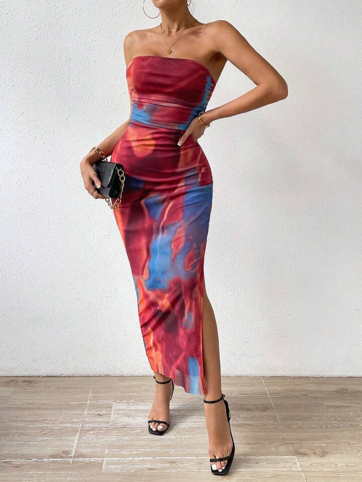 SHEIN Essnce Tie Dye Split Thigh Tube Bodycon Dress | SHEIN