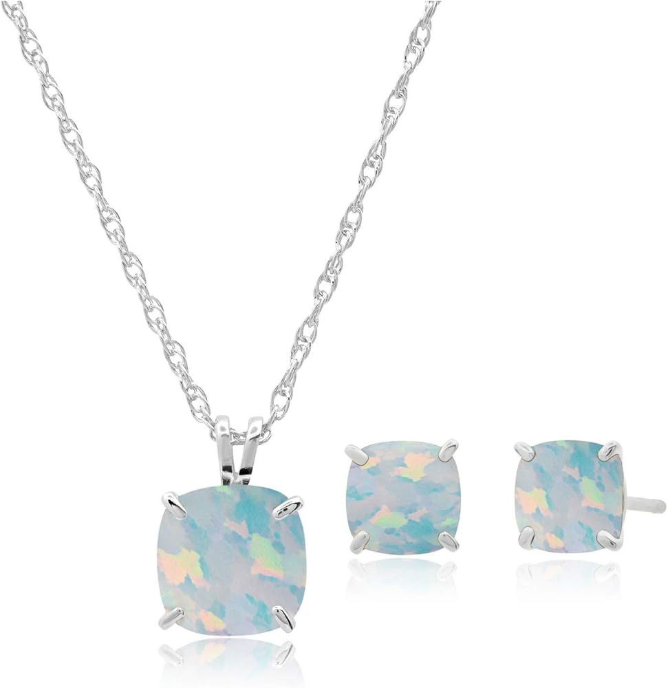 MAX + STONE 14k Gold Plated or Sterling Silver Cushion Cut Gemstone Stud Earrings and Pendant Nec... | Amazon (US)