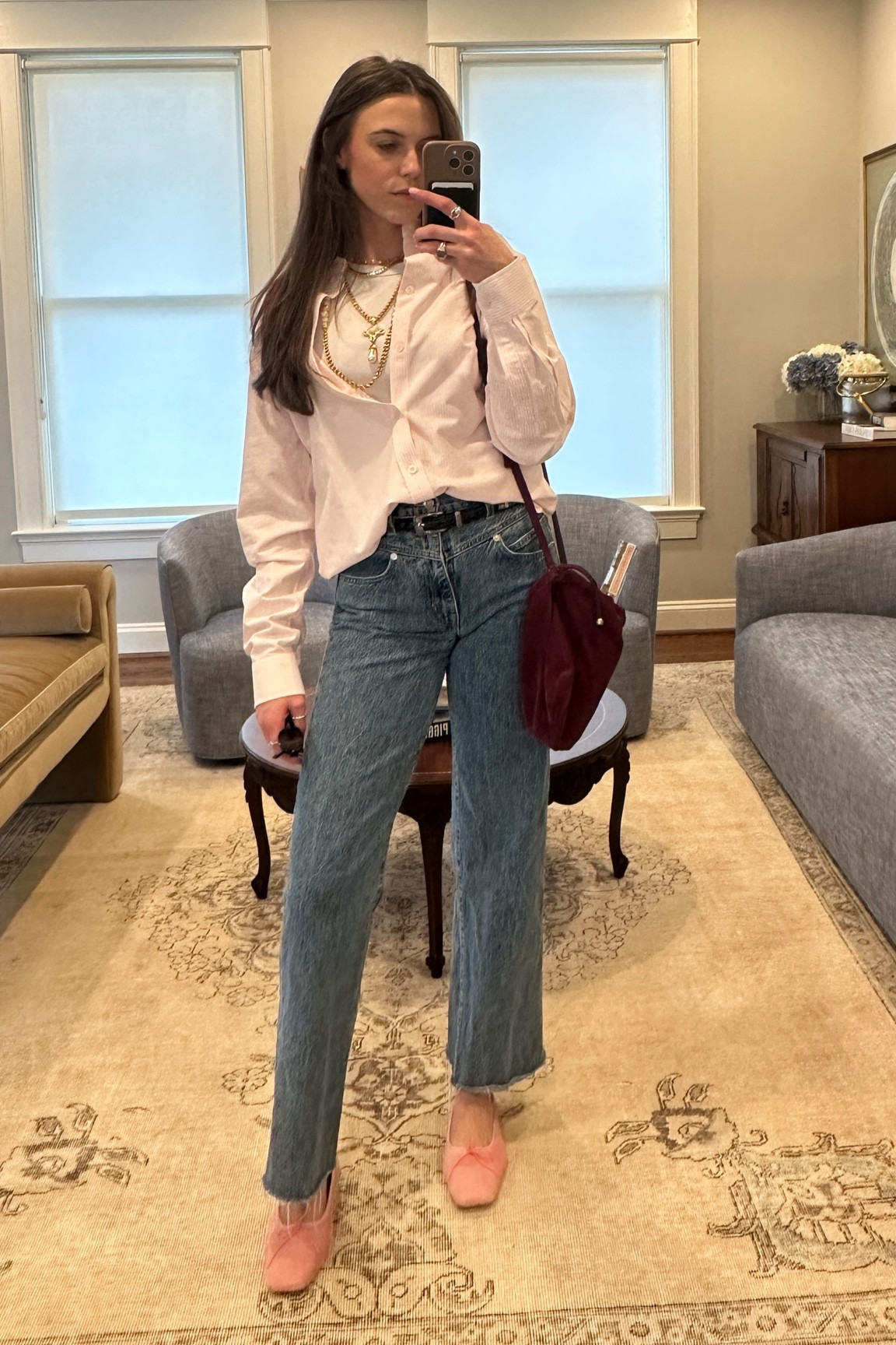 Wore this to a valentines for a pop of pink in one of Justin’s button downs with a maroon/plum bag. Necklace is vintage and a favorite of mine so I tagged a few from TRR that match the vibe. I am obsessed with these pink pony hair flats but they only come in pink leather now! 
