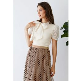 Short Sleeve Detachable Bowknot Spliced Knit Top in Cream | Chicwish