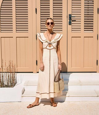 x M.G. Style Kurry Flounce Shoulder Tie Neck Cut Out Linen Blend Dress | Dillard's