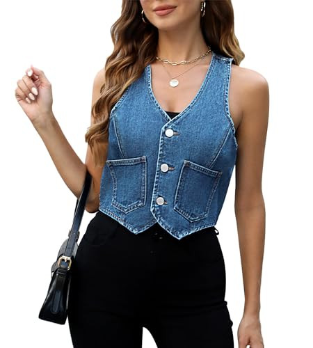 Ladyful Womens Crop Denim Vest Top Sleevelesss V Neck Jean Waistcoat Vest | Amazon (US)