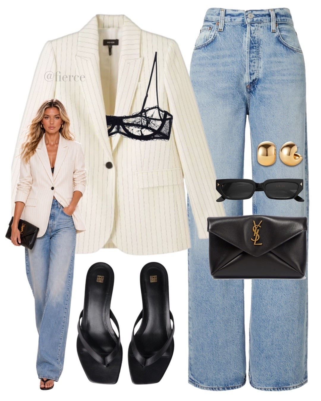 Pinstripe white blazer Ysl black envelope clutch bag thong heeled sandals

#LTKuk #LTKeurope #LTKautumn