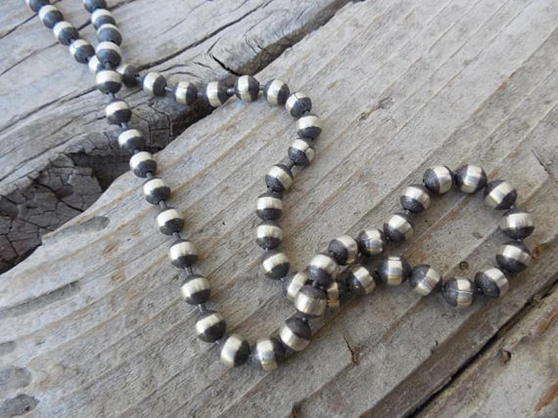 Beaded Chain Necklace...5mm Beads and 18 Long in Sterling Silver 925, Antiqued and a Hand Done Sa... | Etsy (US)