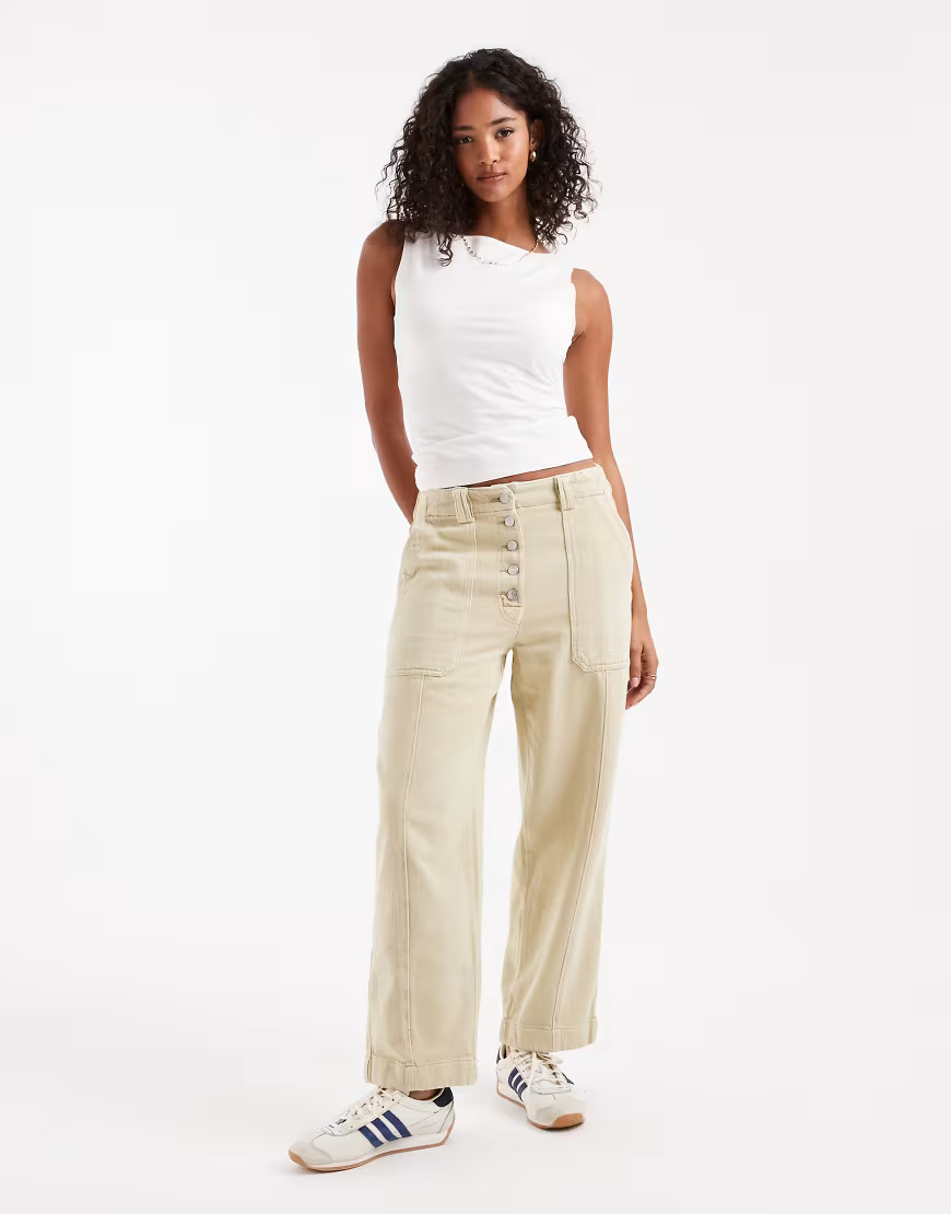 ASOS DESIGN button front laundered barrel leg pants in khaki-Green | ASOS (Global)