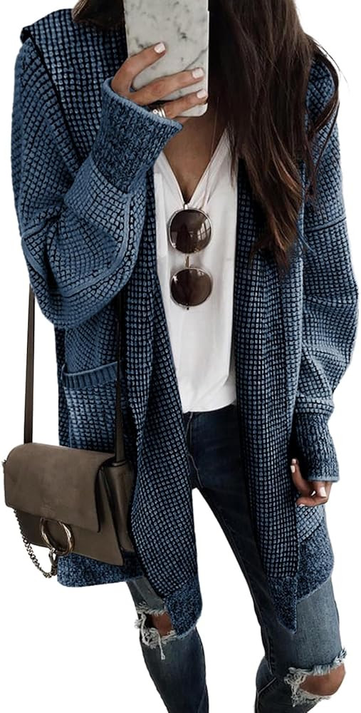 Sidefeel Women's Cardigan Sweaters Hooded Oversized Open Front Chunky Knit Plaid Sweater Coat Fal... | Amazon (US)