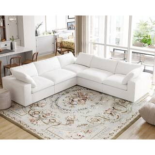 118 in. Square Arm 5-Piece Linen L-shaped Sectional Sofa Corner Cloud Couch in White | The Home Depot