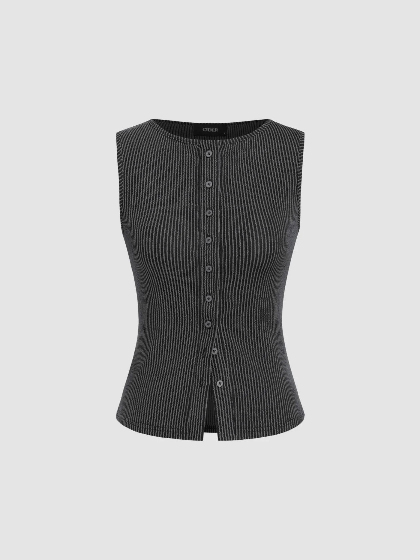 Knit Fabric Round Neckline Stripe Button Through Tank Top For Work | Cider