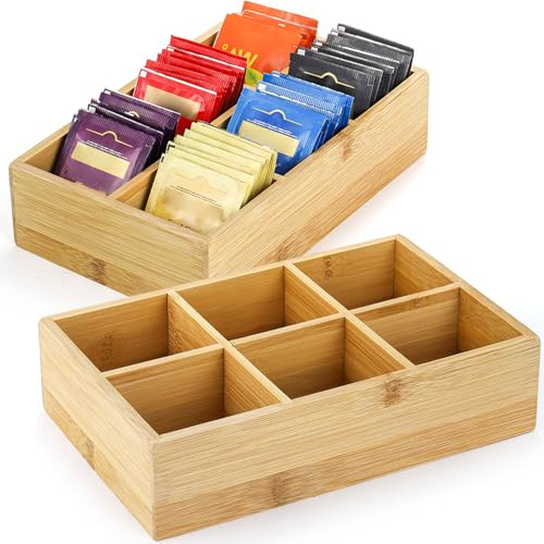 Dicunoy 2 Pack Bamboo Tea Bag Organizer, Wood Hot Tea Bag Drawer Storage Organizer Holder with 6 Compartments, Tea Chest Box for Coffee Station, Sugar Packet, Sweeteners, Small Packets | Amazon (US)
