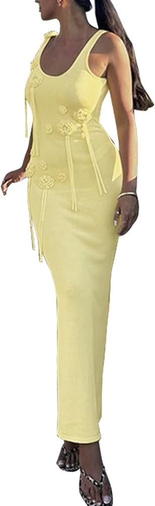 Women Sexy Crochet Maxi Dress 3D Flower Tassel Back Slit Summer Beach Cover up Backless Bodycon S... | Amazon (US)